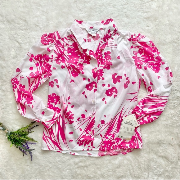 VINTAGE Crisp White & Pink Floral Blouse - Picture 2 of 6